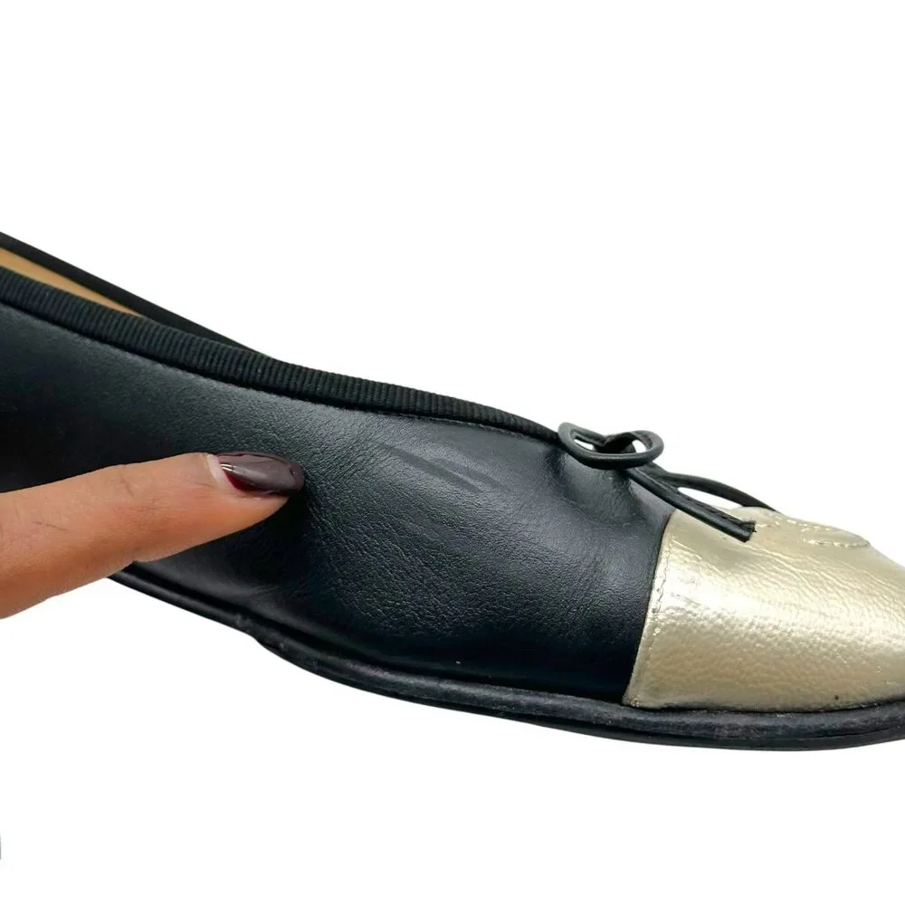 Chanel Metallic Gold & Black Canvas Logo Ballet Flats - Picture 7 of 10